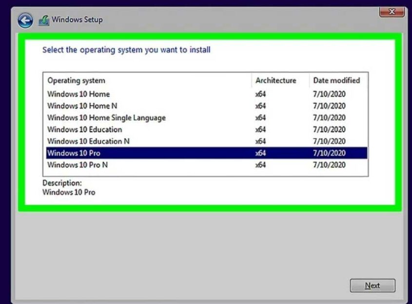 Windows Setup: It is showing up the list of operating systems version like x64 and its architecture