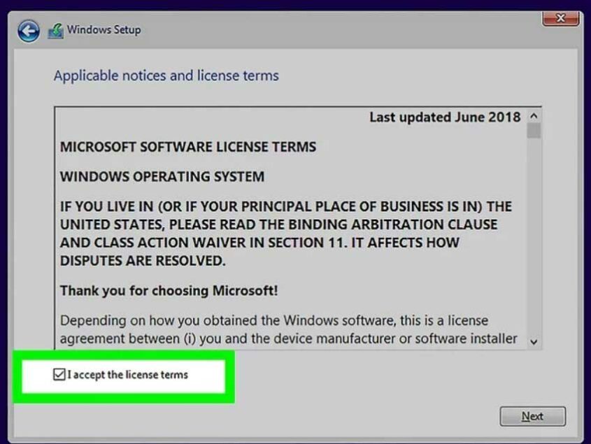 Shows the license agreement to accept from Microsoft Windows whenever the installation of operating system start