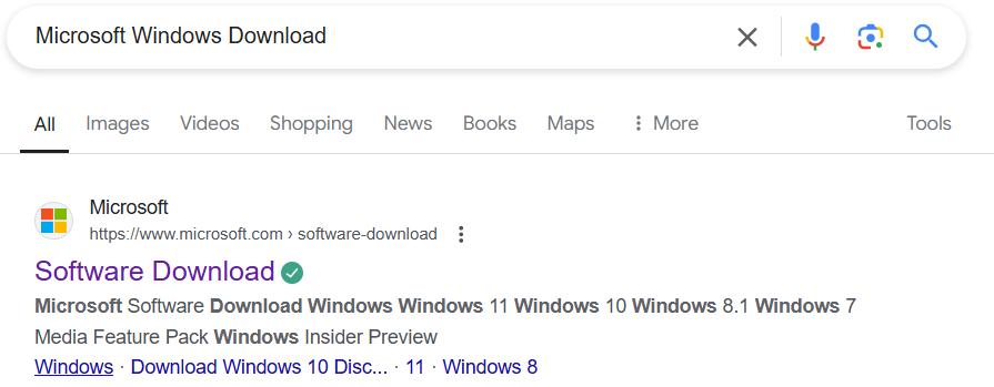 Microsoft Windows Download Search Result