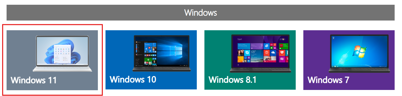 4 Options showing Microsoft windows 7, 8.1, 10, 11
