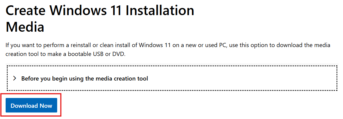 Screenshot of download now option of windows 11 installation media.